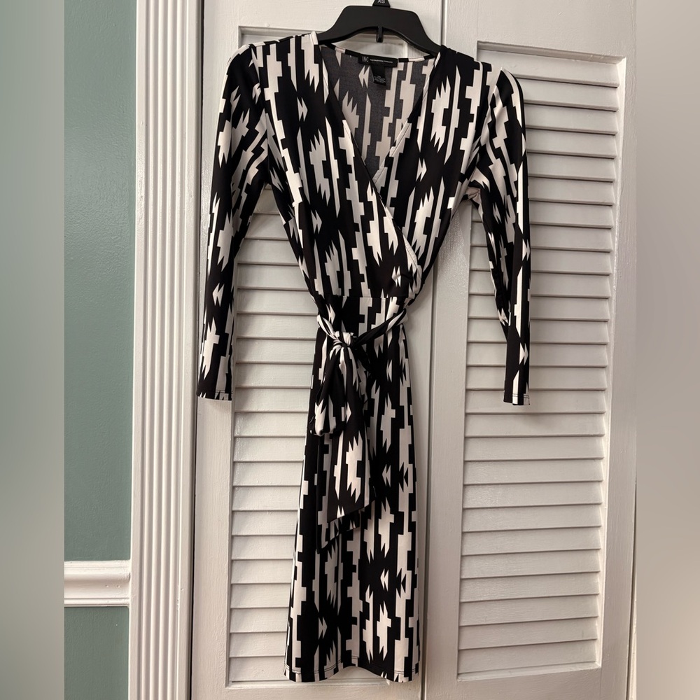INC 3/4 Sleeve Geometric Faux Wrap Dress